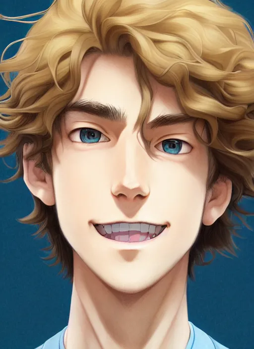 Image similar to young man with medium - length, curly, golden hair, perfectly proportioned face, aquamarine eyes, thin eyebrows, sweet smile, natural lighting, path traced, highly detailed, high quality, cartoon, digital painting, by new haicheng and studio ghibli