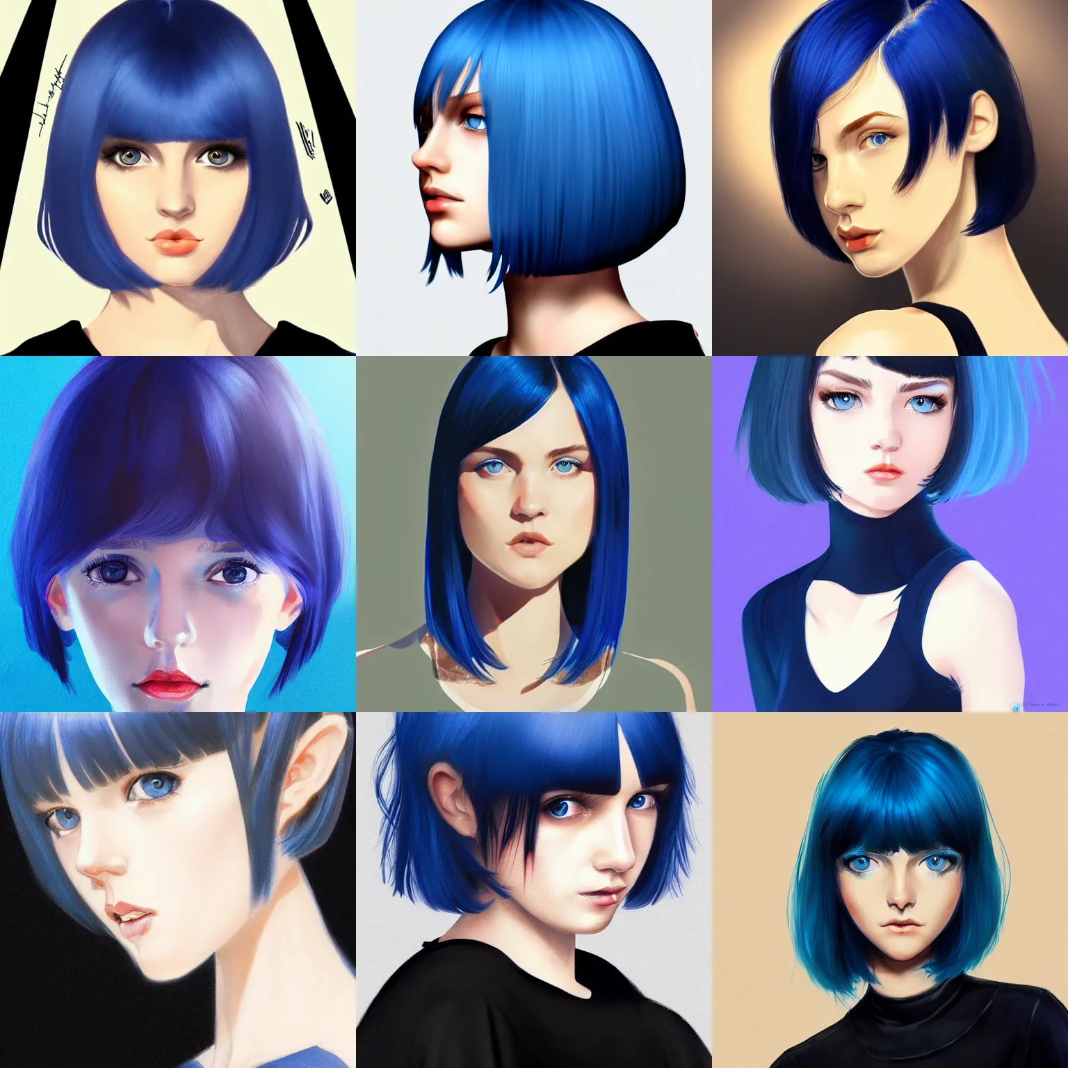 Prompt: young pale girl with striking blue eyes and curly black hair in a bob haircut, concept art, illustration, sharp focus, artstation