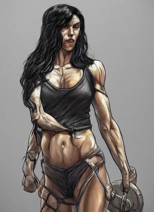 Prompt: a black haired woman in a tank top, muscular upper body, abs, d & d, fantasy, intricate, elegant, highly detailed, digital painting, artstation, concept art, smooth, sharp focus, illustration, art by howard chaykin