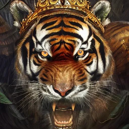 Image similar to a very high detailed tiger crossed with a muscular human body, wearing a very detailed golden kings crown, tattoo on shoulder, in a highly detailed jungle, full body, majestic, symmetric, Golden crown, crown on head, digital art, concept art, greg rutkowski, Nikolai Karelin, Hou China, trending artstation