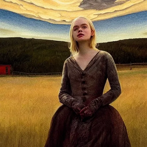 Image similar to Elle Fanning in the painted world of Westworld, head and shoulders masterpiece, apocalypse, golden hour, cosmic horror, artstation, in the style of Andrew Wyeth and Edward Hopper and Bosch, extremely detailed