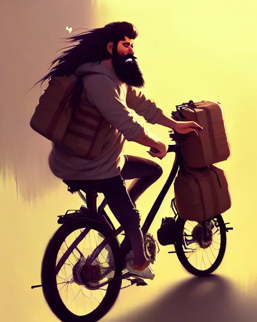 Image similar to a ultradetailed painting of a long - haired bearded uber eats food delivery guy on a bicycle, greg rutkowski and makoto shinkai trending on artstation