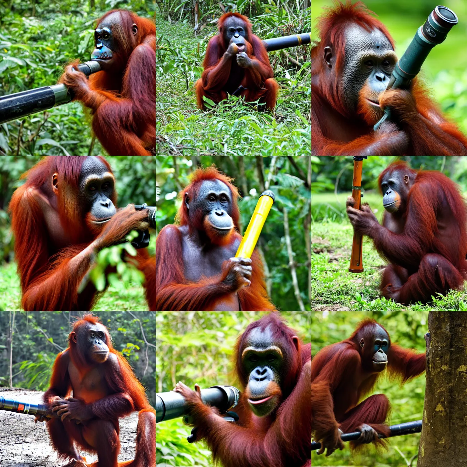 Prompt: an orangutan firing a bazooka