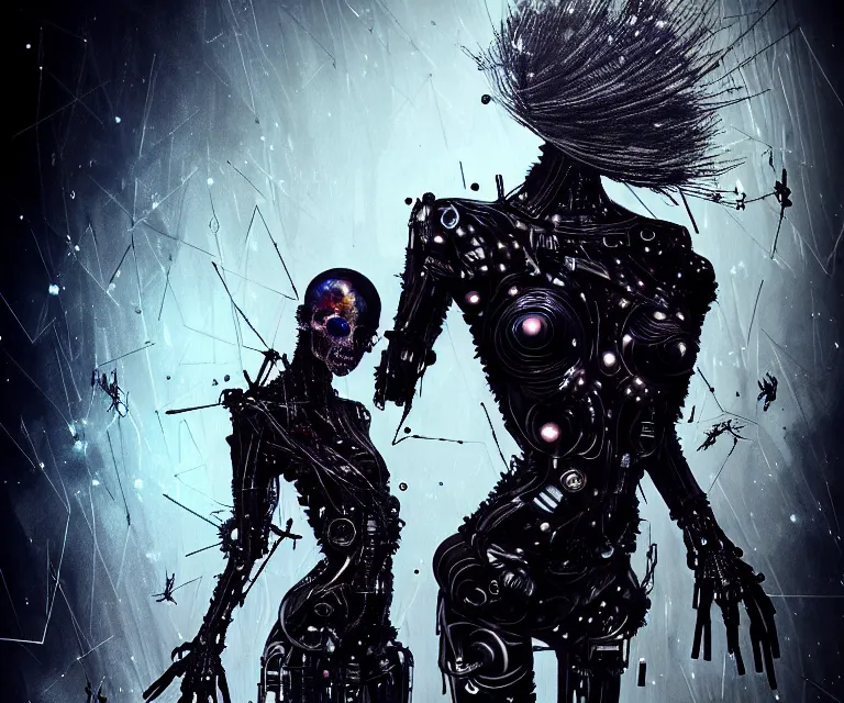 Image similar to gothic mute hybrid cyborg wearing cybor clothes shaping the universe, freedom fighter, eerie, cinematic, epic, 8 k, ultra realistic, rendered by awesomeness. | nights falling wind is blowwing snow is pilling concept art in style of carne griffiths artwork by xsullo. | backround of beautiful floweres floatingby elson, peter kemp, peter