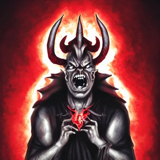 Image similar to the _ devil _ holding _ a _ skull _ red _ horns _ ominous _ fiery _ background _ symmetrical _ detailed _ face _ despair _ highly _ detailed _ high _ resolution _ sandro _ botticel