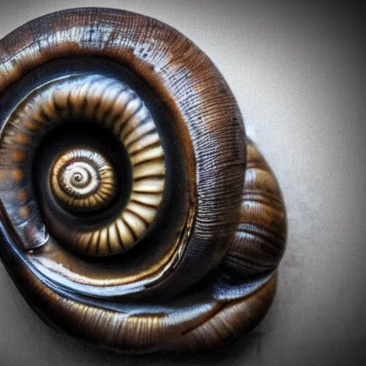 Image similar to snail made of sadness, dark, detailed, rustic, eerie, award winning