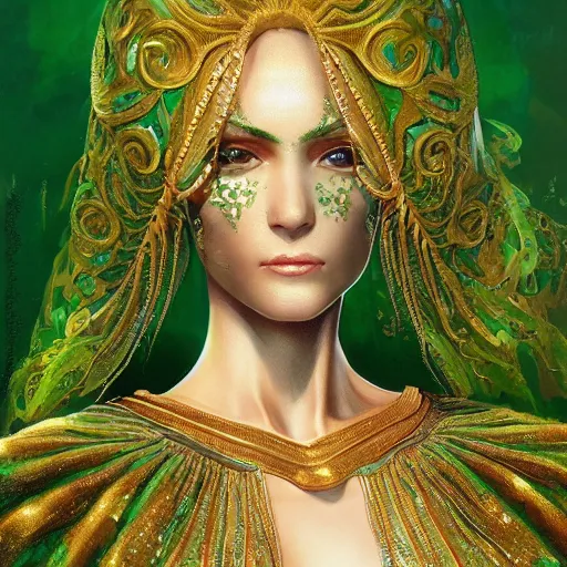 Image similar to a beautiful woman wearing a green kaftan made of silk with golden ornaments by Karol Bak, Ayami Kojima, Amano , concept art, character design, fantasy,3D, 8k resolution