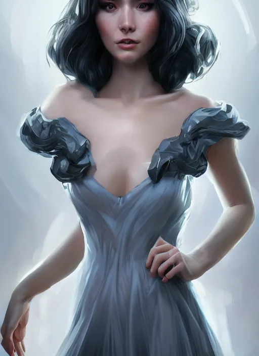 Image similar to beautiful fashion goddness, strapless dress, character portrait in the style of thomas river and artgerm, wlop, cinematic lighting, hyperdetailed, 8 k realistic, symmetrical, global illumination, radiant light, halo, love and mercy, frostbite 3 engine, cryengine, dof, trending on artstation, digital art, chanel