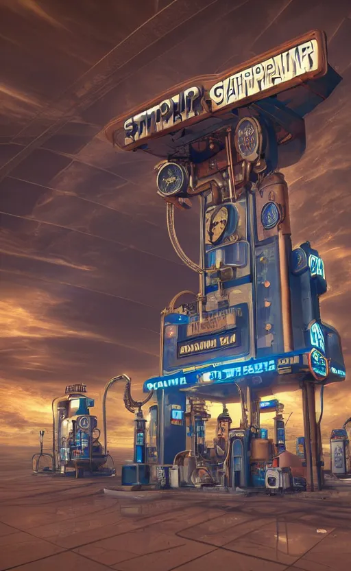 Prompt: steampunk gas station in space, 4 k, polished, photorealistic, hard edges, zoomed in, very coherent, sharp focus, rim light, exquisite lighting, blue gradient, hard edges, sci - fi, cinematic, octane render