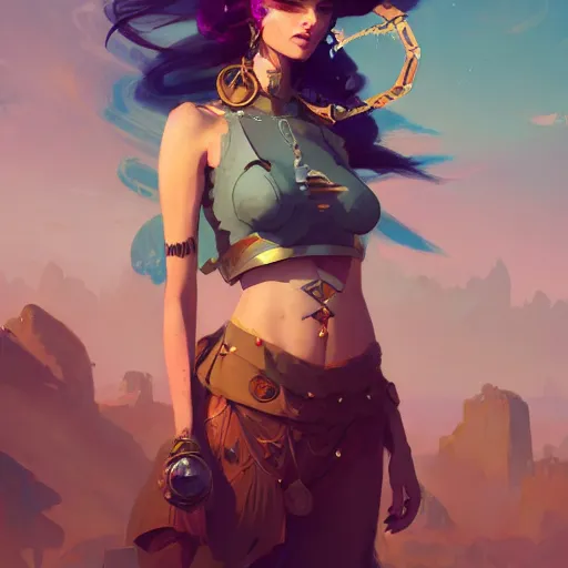 Image similar to a beautiful post apocalyptic gypsy wearing crop top, concept art by pete mohrbacher and guweiz and ilya kuvshinov, digital art, highly detailed, intricate, sharp focus, trending on artstation hq, deviantart, unreal engine 5, 4 k uhd image