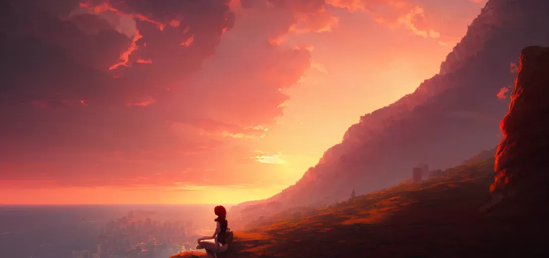 Prompt: a woman sitting on a cliff, burning city in the distance, dramatic sunset, by ilya kuvshinov, krenz cushart, Greg Rutkowski, trending on artstation