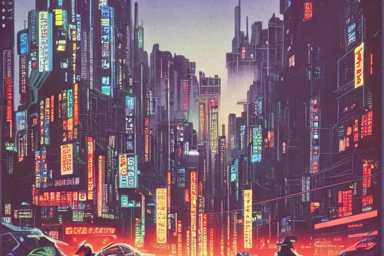 Image similar to 1979 Popular Science Magazine Cover of neo-Tokyo at street level, city in cyberpunk style by Vincent Di Fate