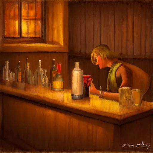 Prompt: dimly - lit, intimate bar scene. a fireplace is lit for warmth. a single exhausted patron remains, finishing one last drink before the bar closes for the night. the barkeep is diligently scrubbing the countertop with a well - used rag. warm, comforting color scheme. whimsical fantasy digital art. wide - angle shot. classic americana art