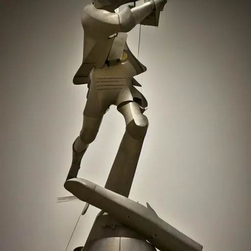 Image similar to [Sculpture of St.Georges fighting a windmill in the style of futurist brutalism, concrete, in an art gallery]