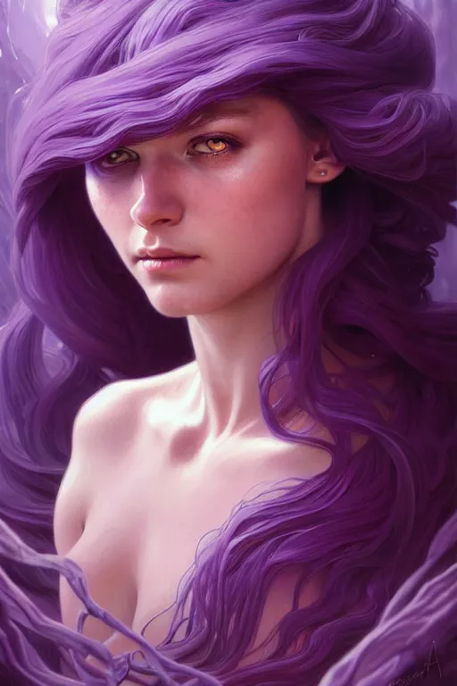 Prompt: giant purple worm, fantasy, amber eyes, face, long hair, intricate, elegant, highly detailed, digital painting, artstation, concept art, smooth, sharp focus, illustration, art by artgerm and greg rutkowski and alphonse mucha