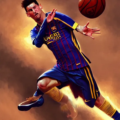 Prompt: Messi dunking on Ronaldo in basketball, D&D, fantasy, intricate, elegant, highly detailed, digital painting, artstation, concept art, matte, sharp focus, illustration, art by Artgerm and Greg Rutkowski and Alphonse Mucha