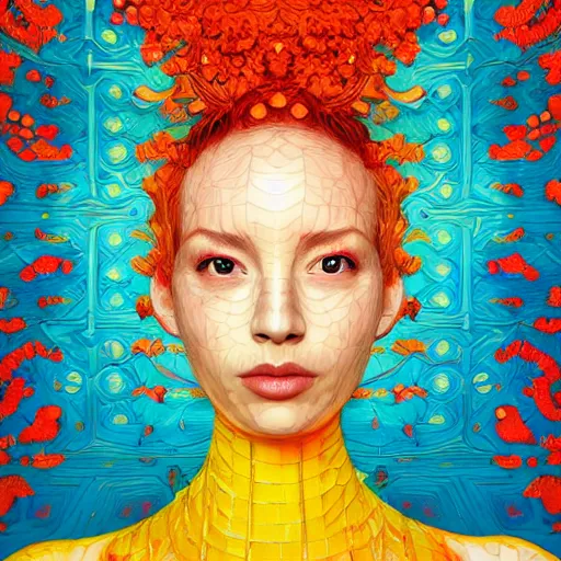 Image similar to the portrait of an unbelievably beautiful and sophisticated young woman made up of peppers looking up, an ultrafine detailed illustration by james jean, intricate linework, bright colors, final fantasy, behance contest winner, vanitas, angular, altermodern, unreal engine 5 highly rendered, global illumination, radiant light, detailed and intricate environment