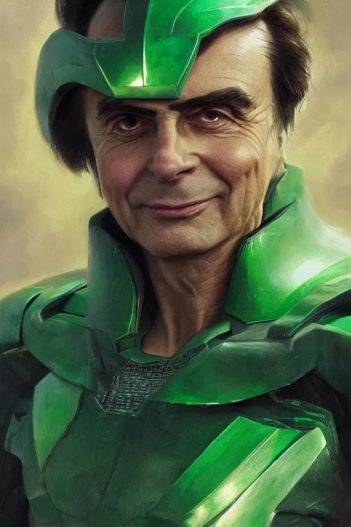 Prompt: portrait of carl sagan as green ranger from power rangers, intricate, highly detailed, smooth, artstation, digital illustration by Ruan Jia and Mandy Jurgens and Artgerm and Wayne Barlowe and Greg Rutkowski and Zdislav Beksinski