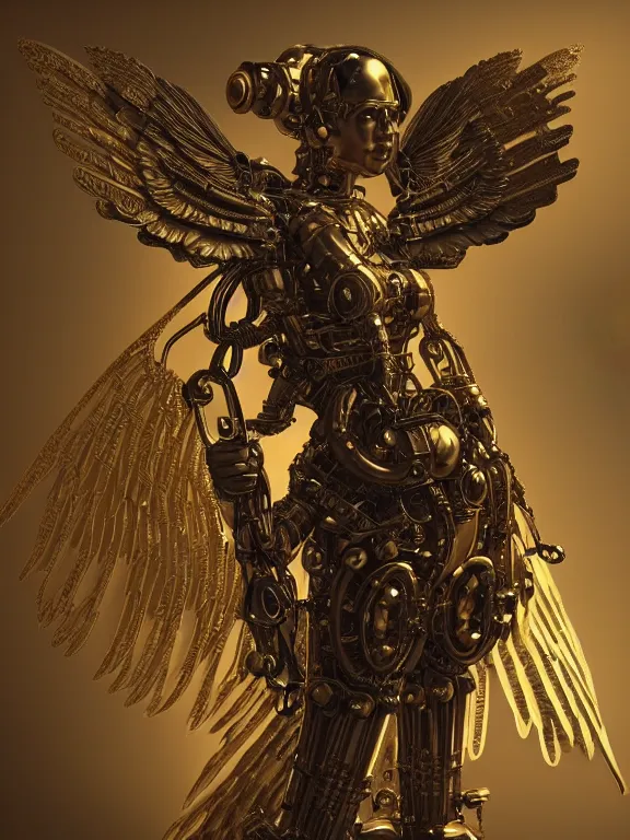 Prompt: steampunk robot angel, big ornamental wings, brown body, intricate, soulless, steampunk yunkyard background, sharp focus, highly detailed, cinematic lighting, studio quality, chiaroscuro, smooth render, unreal engine 5 rendered, octane, rendered, by artgerm, greg rutkowski, alphonse mucha