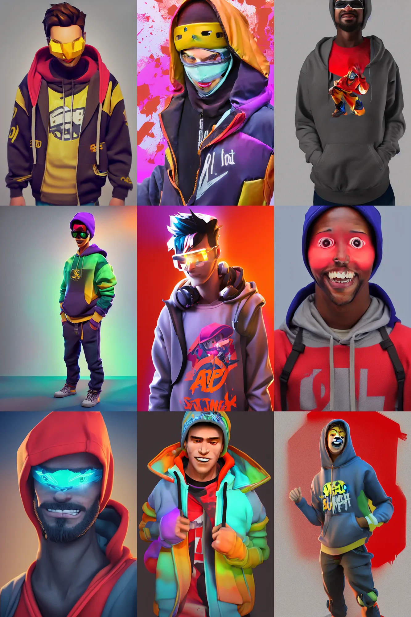 Prompt: a full body sharp focus realistic portrait digital octane 3d render of a single happy young man dressed in 90s street clothing and a bright hoodie with face and body clearly visible, fornite, overwatch, valorant, high quality, happy mood, artstation trending, vibrant colours, no crop, no helmet, entire character, blank background, face visible, SFW,