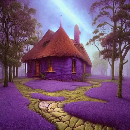 Prompt: hyper realistic homely ornate modern witch cottage distant down a path in the purple swamp gorgeous lighting, blue sky, fantasy, by zdzisław beksinski and norman rockwell and greg rutkowskiweta studio, and lucasfilm