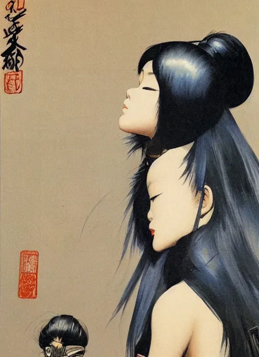 Image similar to painting of a young japanese woman standing in harajuku street art by frank frazetta