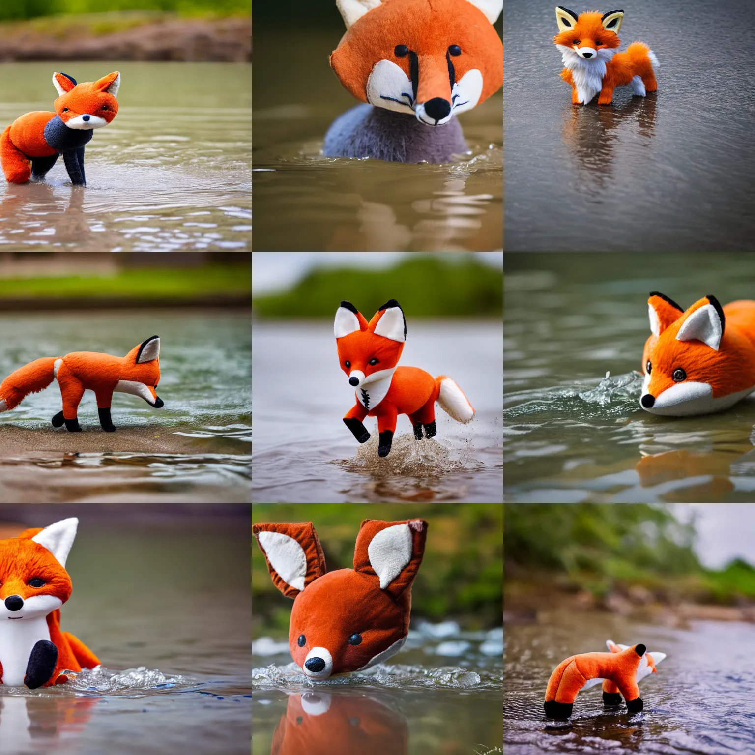 Prompt: A stuffed animal fox plushie running through shallow water, Sigma 85mm Lens F/1.8, award winning photography