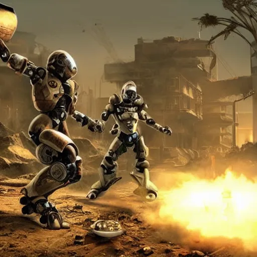 Image similar to xbox robot vs playstation robot, post apocalyptic, hd, unreal engine, cinematic