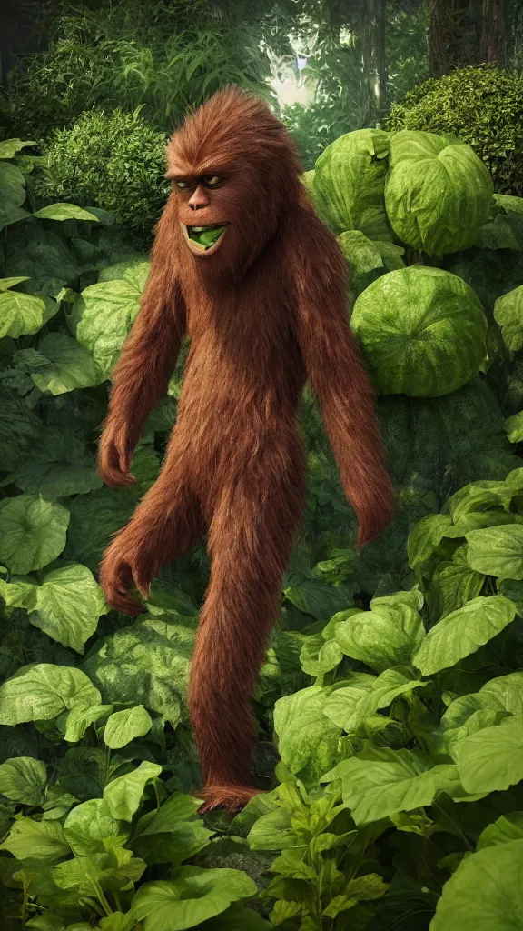 Prompt: sasquatch in the cucumber garden, hyperrealistic, photorealistic, ultra hd, 4 k, digital illustration, cinematic lighting, 3 0 mm film, unreal engine 5, octane render, trending on artstation