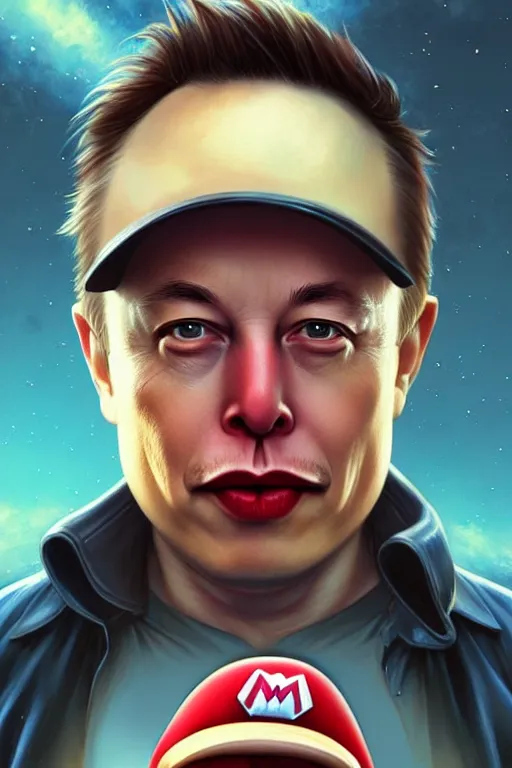 Image similar to elon musk as mario from the super mario bros, realistic portrait, symmetrical, highly detailed, digital painting, artstation, concept art, smooth, sharp focus, illustration, cinematic lighting, art by artgerm and greg rutkowski and alphonse mucha