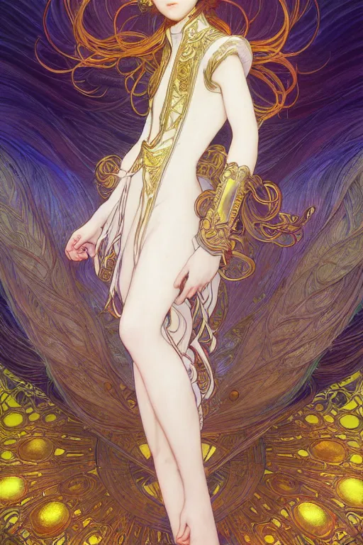 Prompt: fullbody portrait of a young hero with strange hairs, soft smile, baroque cloth, luminous scene, final fantasy and legue of legends champion, by chengwei pan and alpfons mucha, gradient white to gold, in front of an iridescent magical building background, highly detailed portrait, digital painting, smooth, focus illustration