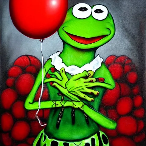 Prompt: grunge painting of kermit the frog with a wide smile and a red balloon by chris leib, loony toons style, pennywise style, corpse bride style, horror theme, detailed, elegant, intricate