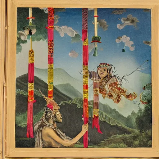 Image similar to painting of a god of wind enjoying his heavenly palace, decorated with windchimes and paper lanterns, stunning nature in background