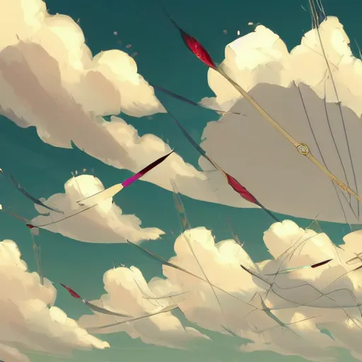 Prompt: background art of flying longswords flowing and floating through the blowing directional wind on a simple cloudy sky background, big puffy clouds, large individual rose petals, angular background elements, polygonal fragments, anime, studio ghibli, artgerm, manga, trending on artstation, art nouveau, mature color scheme