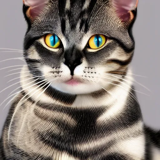 Prompt: “hd photorealistic american shorthair cat with one blue eye and one brown eye”