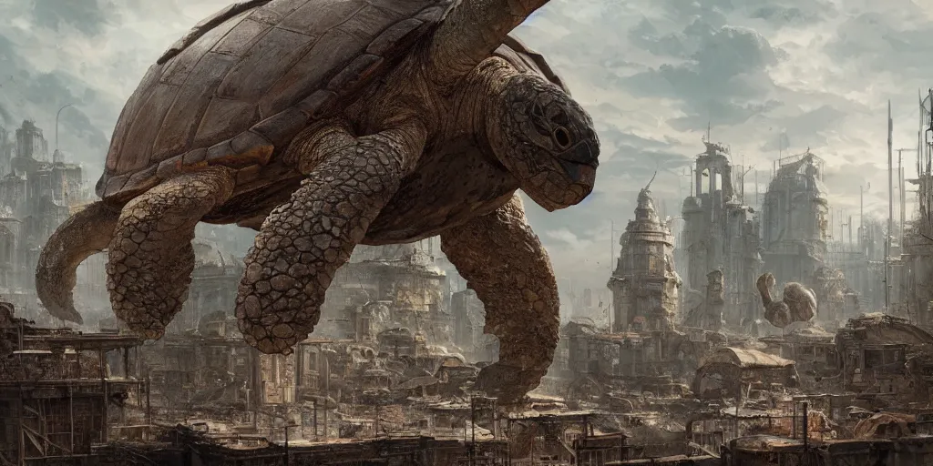 Prompt: abandoned city built on the shell of a huge ancient turtle, greg rutkowski, 8 k, shallow depth of field, intricate detail, concept art,