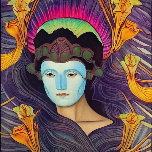 Image similar to a facemask made of stylized flowers, by evelyn de morgan and diego rivera and john watkiss and annie swynnerton, art deco shaman, art brut, symbolist, dramatic cinematic lighting, god rays, iridescent beetles, clean crisp graphics, smooth sharp focus, extremely detailed