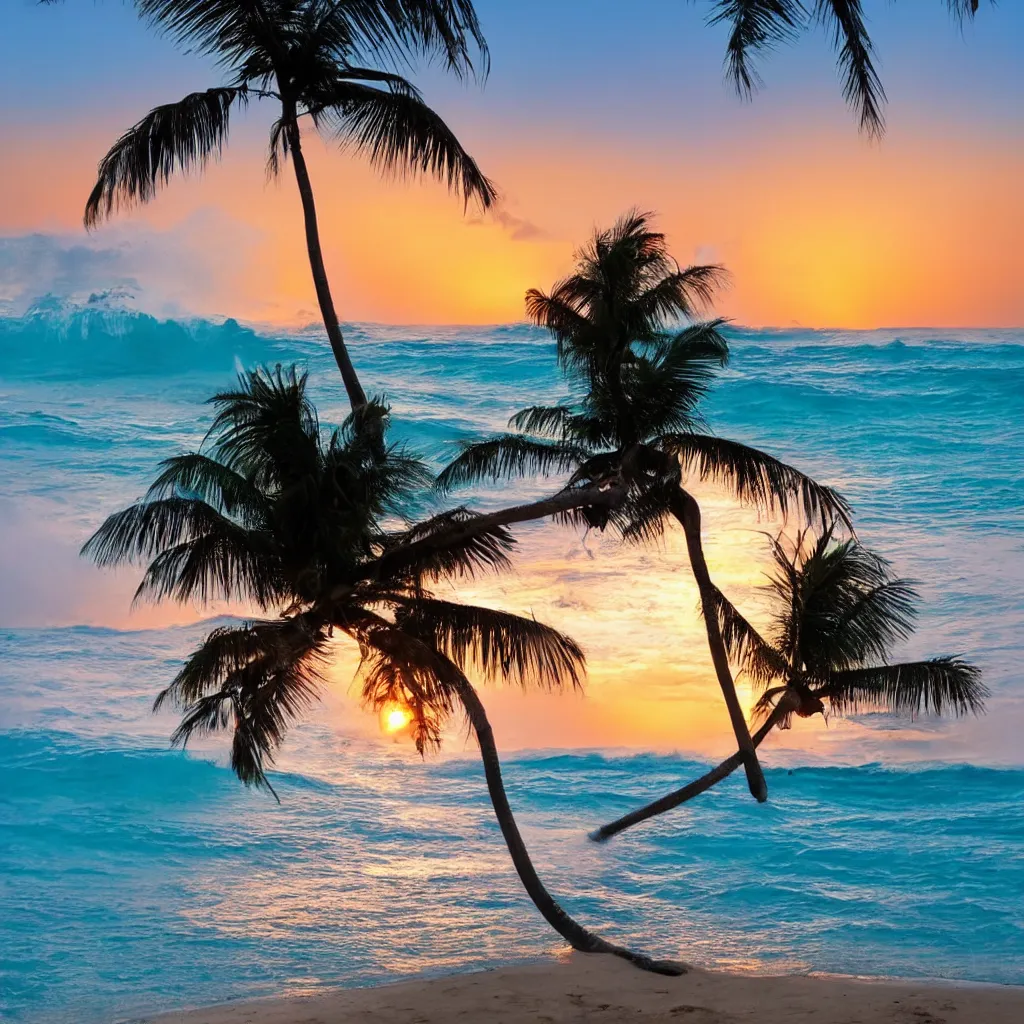Prompt: Umbrella on a tropical beach, blue water waves crashing on the beach, palm tree, sunset