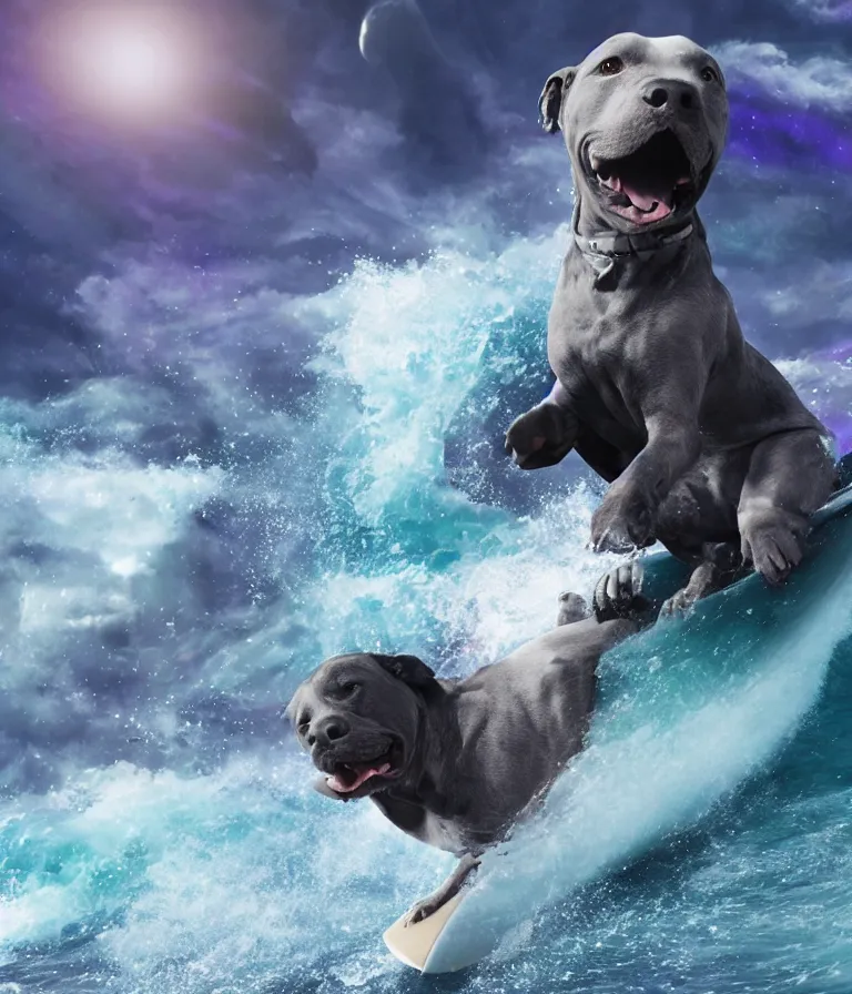 Image similar to photo of a dark gray coat pit bull with a white paws!, surfing on a surfboard in a crashing wave of alien ocean in space, background is an alien galaxy, aliens in the background, alien colors, octane render, unreal engine, wide view, 8 k, highly detailed