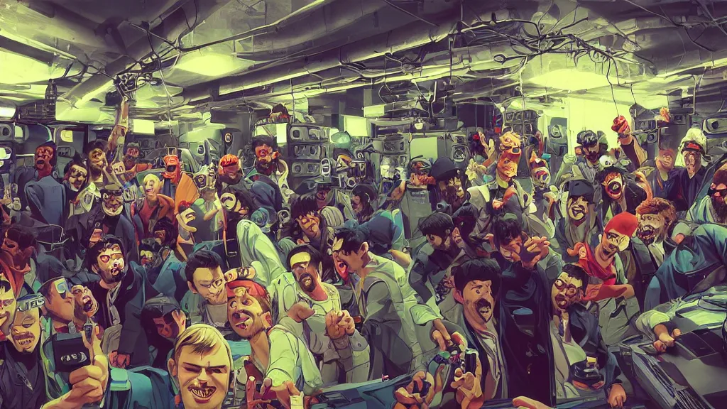 Prompt: selfie of a tight group of happy drunken hackers at a party in a highly detailed server room with computers everywhere and wires, in a scifi movie, vivid colors, by jamie hewlett, nuri iyem, james gurney, james jean, greg rutkowski, anato finnstark. hyper detailed, wide angle, perfect faces