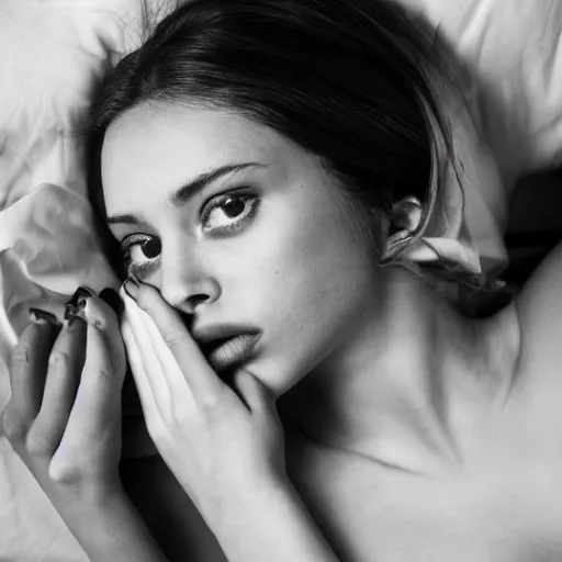 Prompt: black and white Vogue photograph, highly detailed portrait of a depressed girl drug dealer lying in bed, detailed face looking into camera, eye contact, natural light, mist, fashion photography, film grain, soft vignette, sigma 85mm f/1.4 1/10 sec shutter, Darren Aronofsky film still promotional image, IMAX 70mm footage