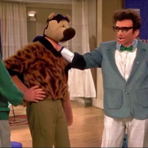 Image similar to That episode of Seinfield where Kramer accidently ends up at a furry convention and stumbles into a headless lounge right into a very surprised George Costanza.