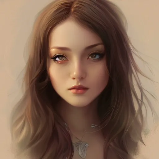 Image similar to teen girl, long black hair, gorgeous round face, brown pollover, amazing, elegant, intricate, highly detailed, digital painting, artstation, concept art, sharp focus, illustration, art by ross tran