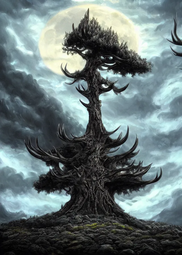 Prompt: a highly detailed painting of a massive stone antler tree mountain stretching out as if to grasp the moon, ominous, dark, blue tones, foreboding, devastating energy storm, hd, concept art, artstation, deviantart