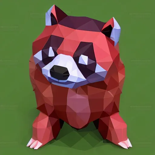 Image similar to isometric cute low - poly red panda playing with a low - poly raccoon