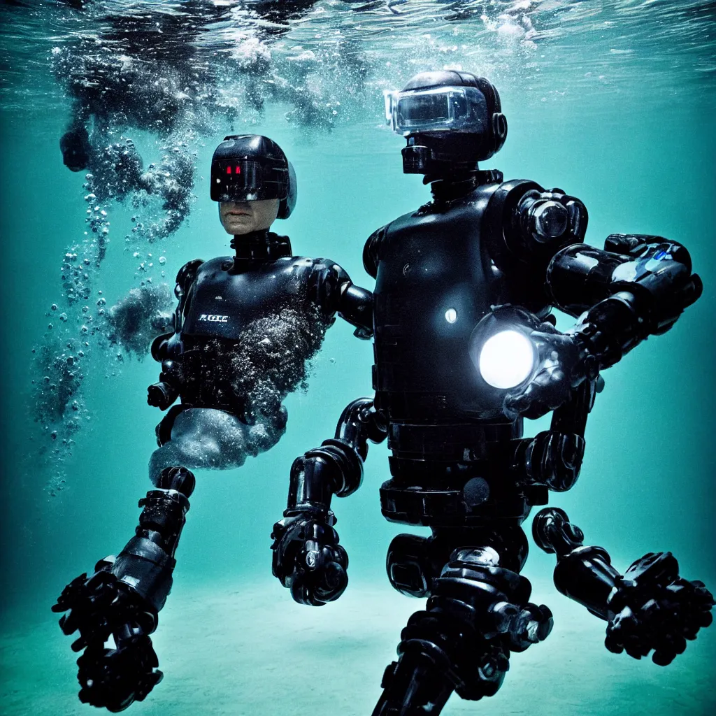 Prompt: An Alec Soth portrait photo of Robocop underwater