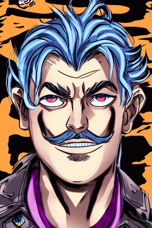 Prompt: jojo's bizzare adventure manga character portrait, boy with blue eyes and long blonde hair, symmetrical face happy, mustache, stubble, steel ball run, handsome face, jojo's bizzare adventure, illustrated by hirohiko araki, illustration