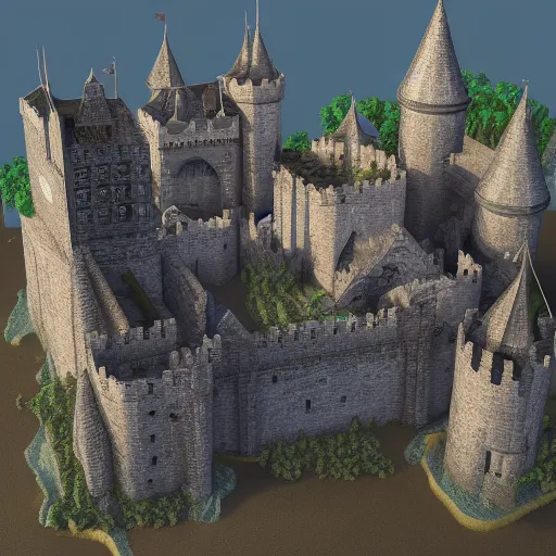 Prompt: a computer generated image of a medieval castle, an ambient occlusion render by Nicomachus of Thebes, polycount, mingei, prerendered graphics, voxel art, ambient occlusion