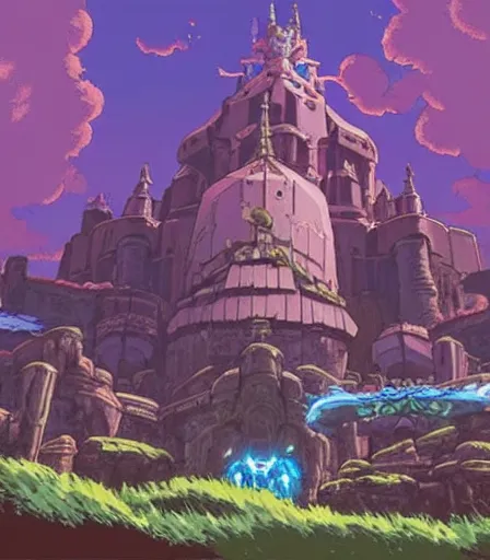 Image similar to A Huge Castle by Miyazaki Nausicaa Ghibli, breath of the wild style, epic composition