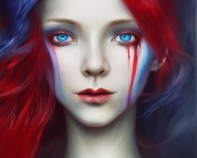 Image similar to A detailed matte oil on canvas head on symmetrical portrait of a distinguished elven woman with red and blue hair on an empty background, by Charlie bowater, Lise Deharme, Wlop, trending on artstationhd, dungeons and dragons art, parted hair , half blue, half red , split dye, critical role